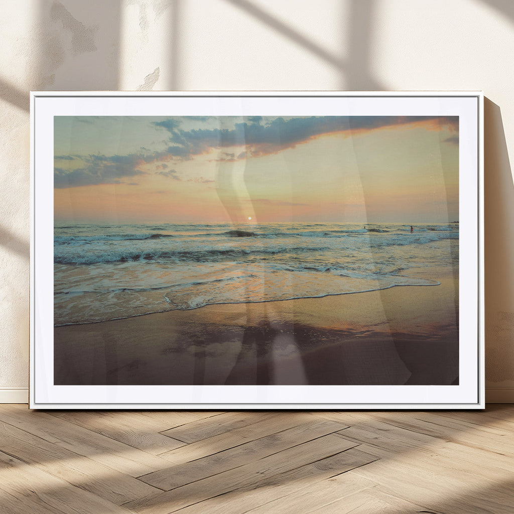 Sunset Seascape Wall Art Canvas Print, Framed Pastel Ocean View with Tranquil Shoreline