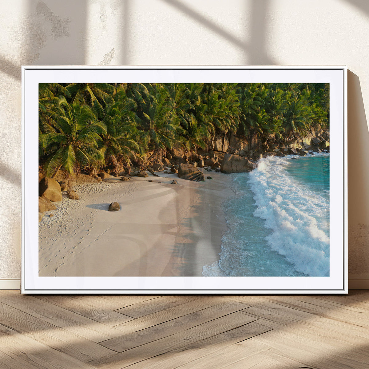 Tropical Beach Wall Art Canvas Print, Framed Ocean Waves and Palm Trees at Golden Sunset