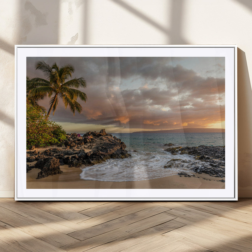 Tropical Beach Wall Art Canvas Print, Vibrant Hawaiian Sunset with Ocean Waves