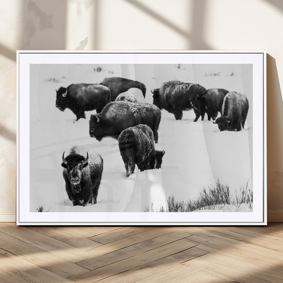 Buffalo Herd Wall Art Canvas Print, Framed Black and White Snowy Landscape
