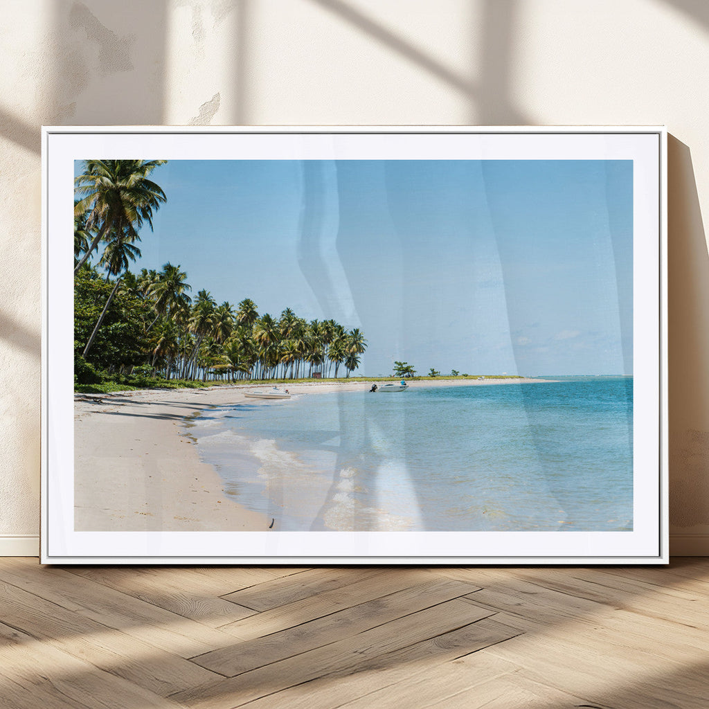 Palm Tree Coast Wall Art Canvas Print, Framed Island Getaway with Crystal Blue Water