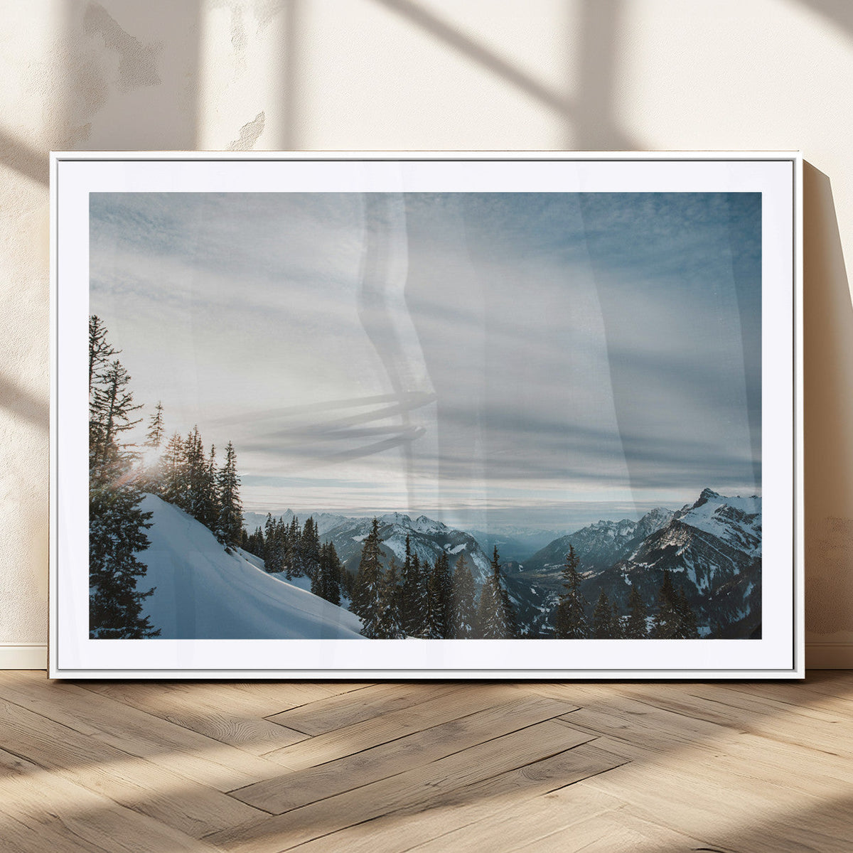 Snowy Mountains Wall Art Canvas Print, Framed Alpine Landscape Frosty Peaks Artwork