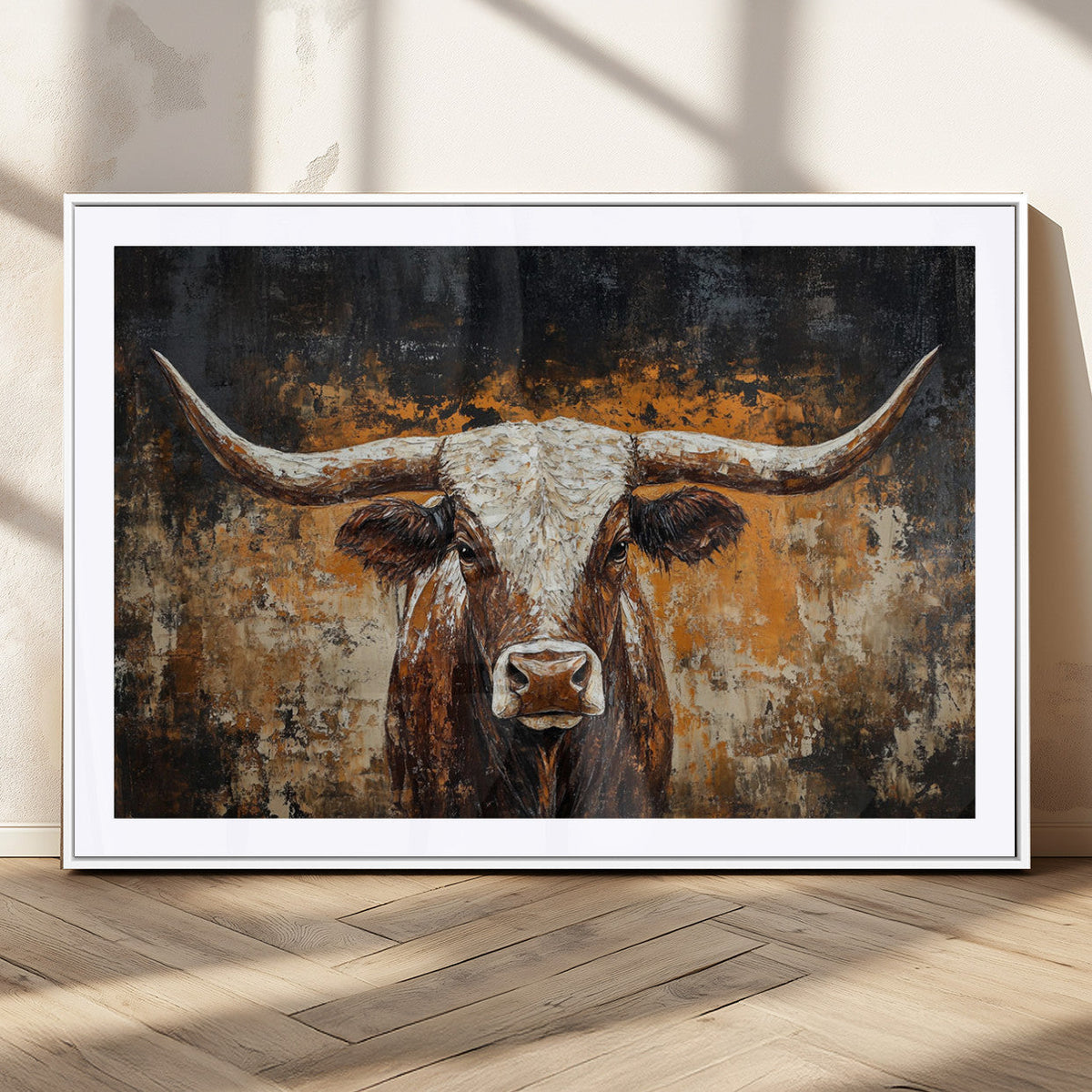 Abstract Longhorn Bull Wall Art Canvas Print, Vintage Western Texas Steer Artwork