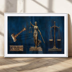 Lady Justice Wall Art Canvas Print, Elegant Gold Legal Symbols on Blue, Law Office Decor