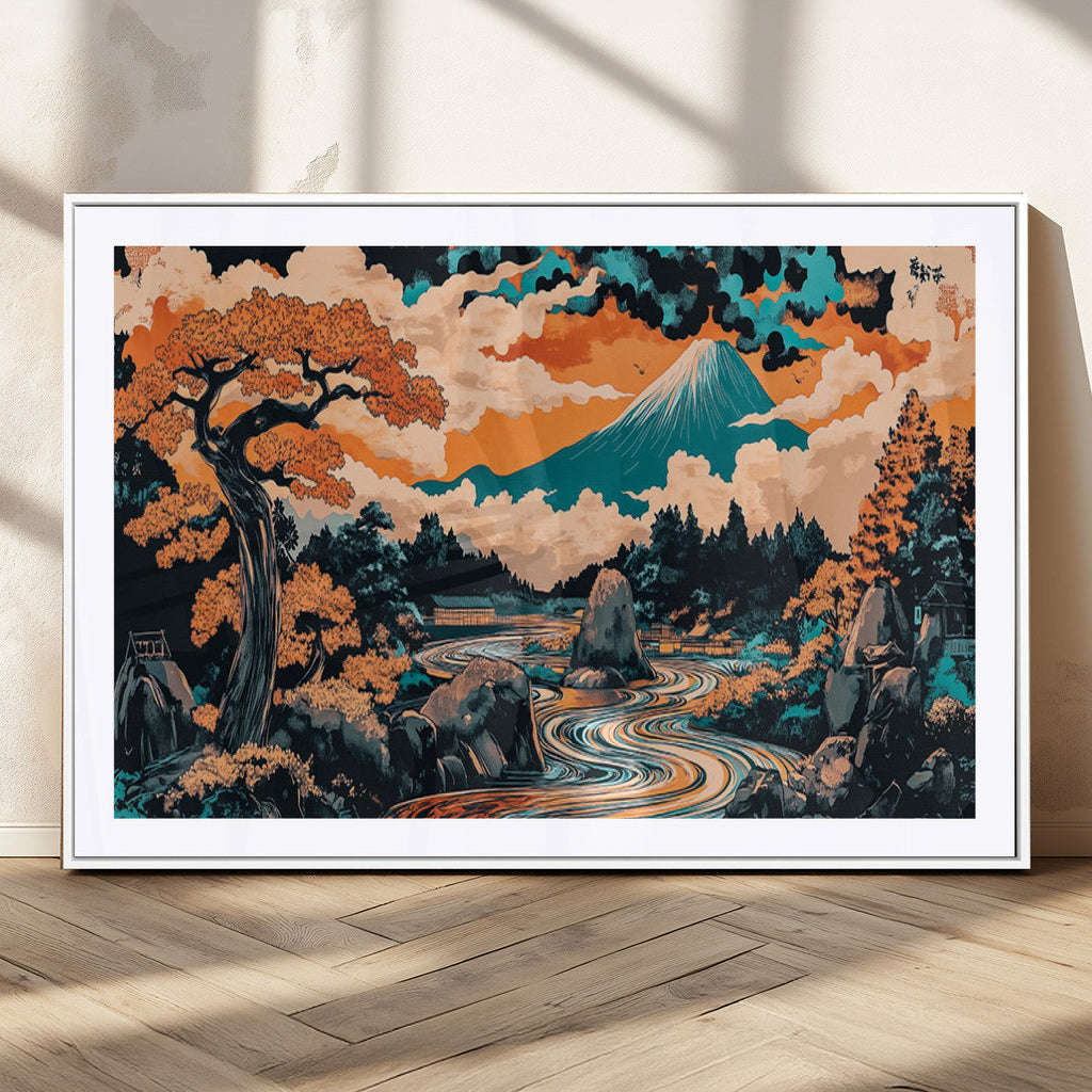 Japanese Landscape Wall Art Canvas Print, Mount Fuji with Flowing River and Autumn Trees
