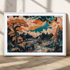 Japanese Landscape Wall Art Canvas Print, Mount Fuji with Flowing River and Autumn Trees