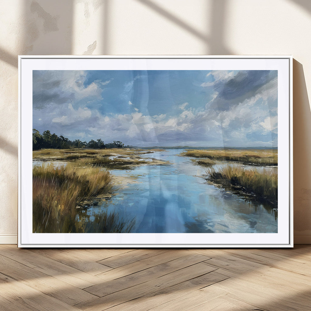 Marshland Wall Art Canvas Print, Serene Water Reflection with Blue Sky and Golden Grass
