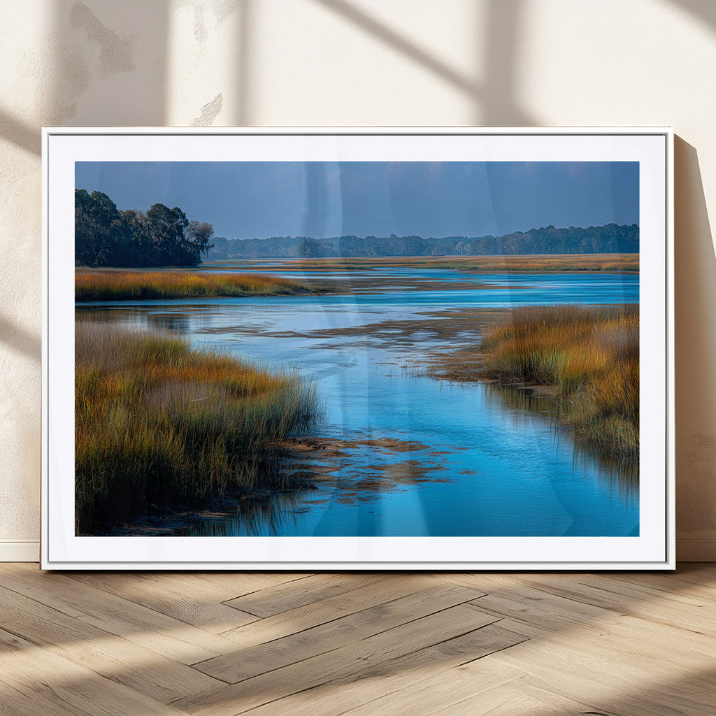 Tranquil Marshland Wall Art Canvas Print, Blue Water Reflecting Sky and Golden Grasses