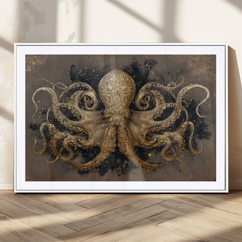 Octopus Wall Art Canvas Print, Black and Gold Detailed Tentacles Nautical Illustration