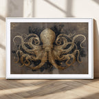 Octopus Wall Art Canvas Print, Black and Gold Detailed Tentacles Nautical Illustration