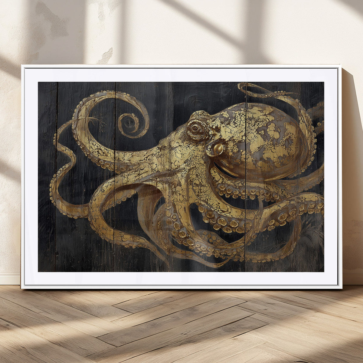Octopus Wall Art Canvas Print, Gold Detail Octopus on Wooden Plank Background