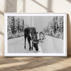Moose Wall Art Canvas Print, Winter Moose with Antlers in a Snowy Forest
