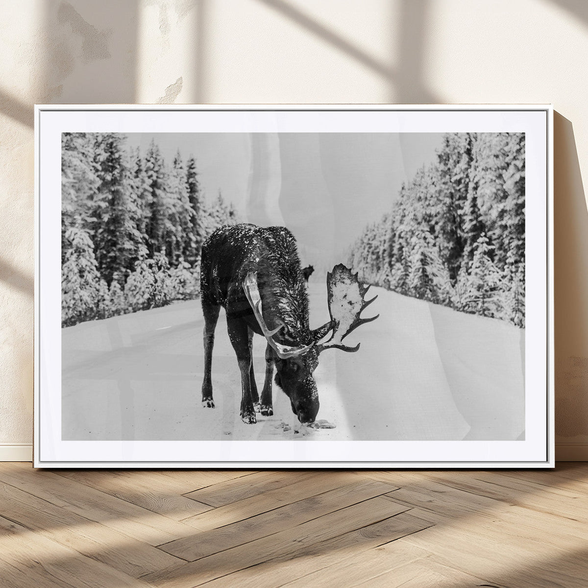 Moose Wall Art Canvas Print, Winter Moose with Antlers in a Snowy Forest