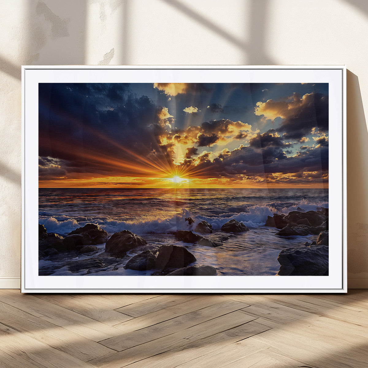 Sunset Ocean Wall Art Canvas Print, Waves on a Rocky Shore Under Dramatic Sky