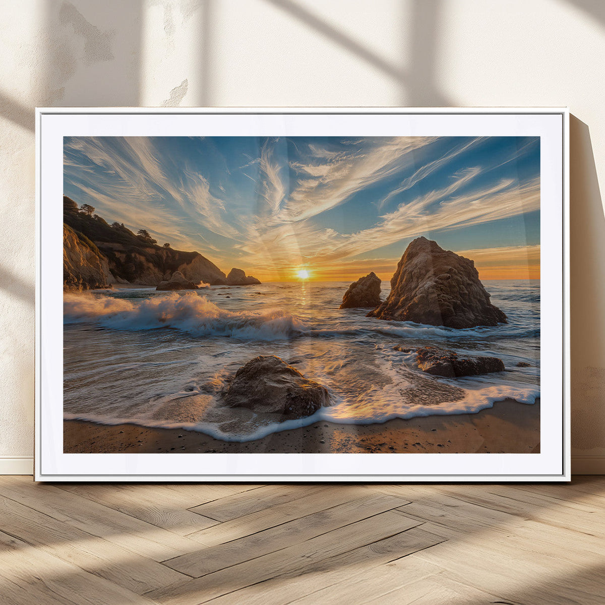 Rocky Ocean Sunset Wall Art Print, Seaside Canvas with Dramatic Seascape