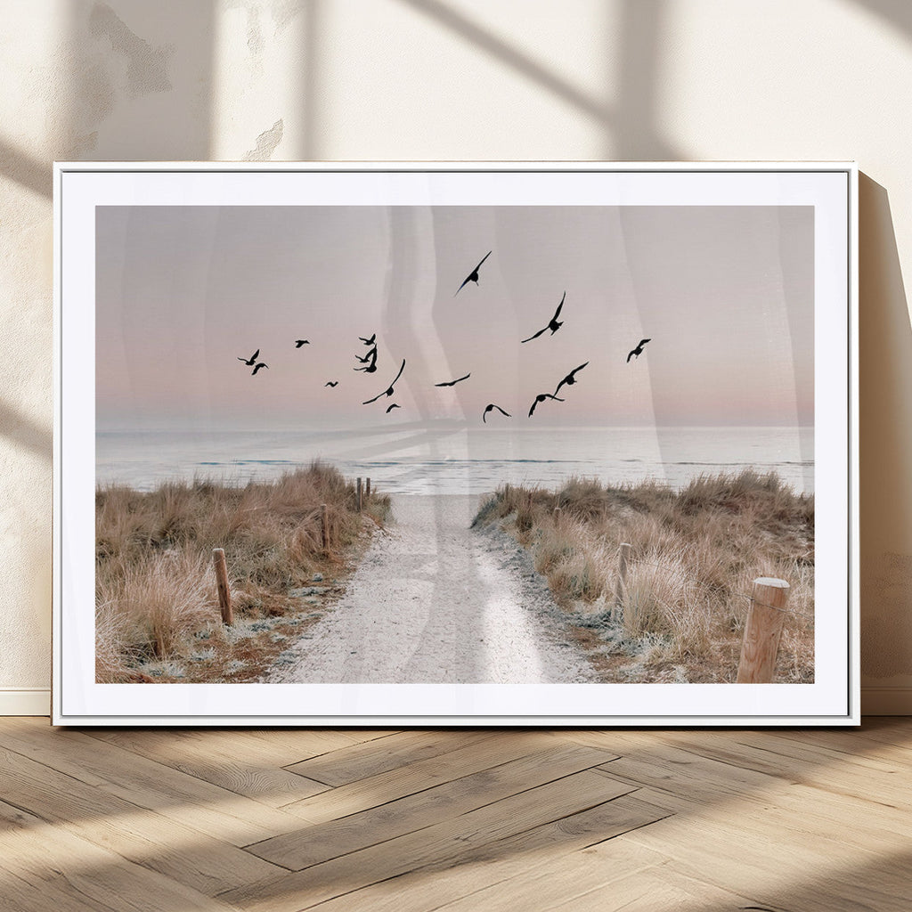 Coastal Pathway Canvas Wall Art Print, Framed Seaside Landscape with Beach and Birds