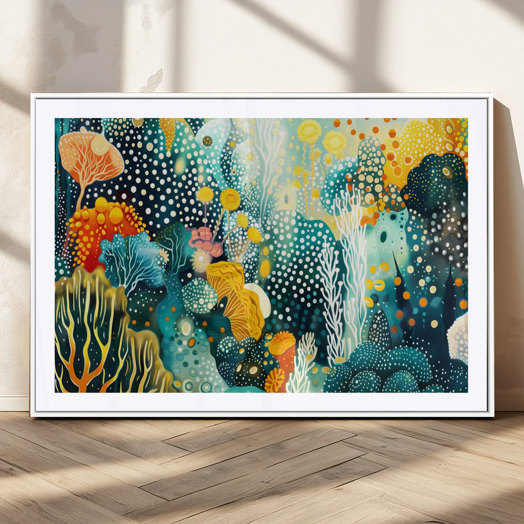 Luminous Abstract Ocean Garden Wall Art Canvas Print, Vibrant Coral Reef Marine Life