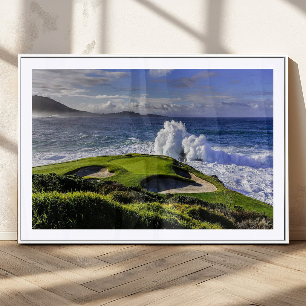 Ocean Waves Crashing Wall Art Canvas Print, Dramatic Rocky Coastline Near a Golf Course
