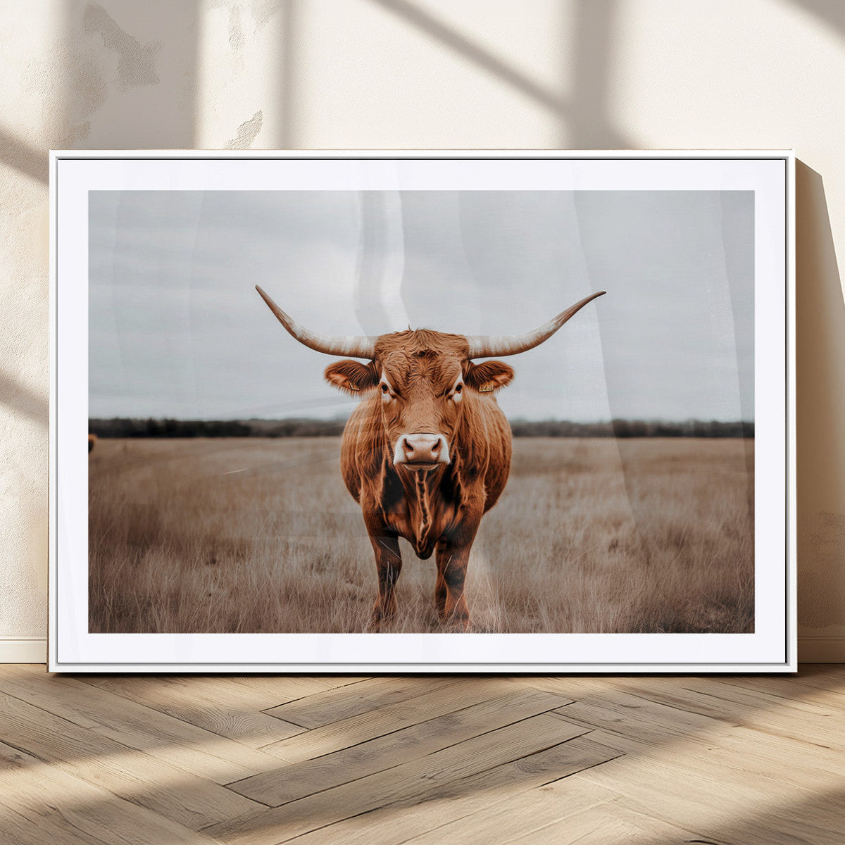 Longhorn Bull Wall Art Canvas Print, Framed Rustic Decor