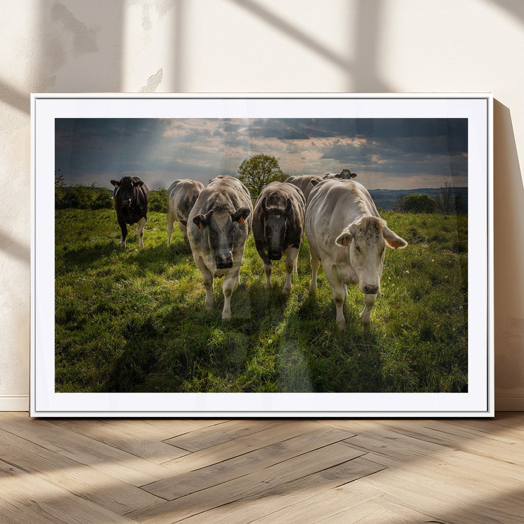 Grazing Cattle Herd Wall Art Canvas Print, Framed Green Pasture Farm Scene