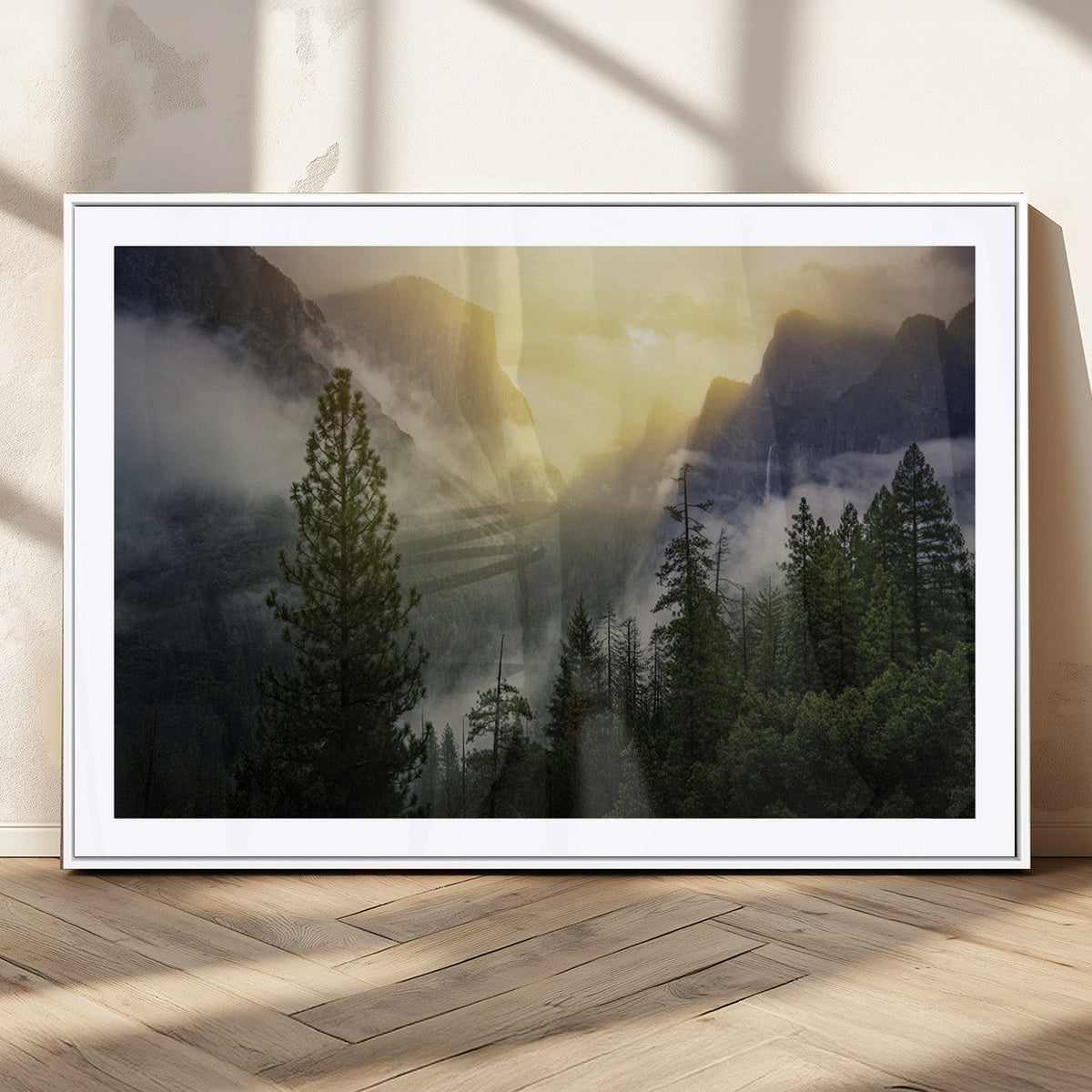 Misty Forest Sunrise Wall Art Canvas Print, Framed Mountain Valley Pine Trees