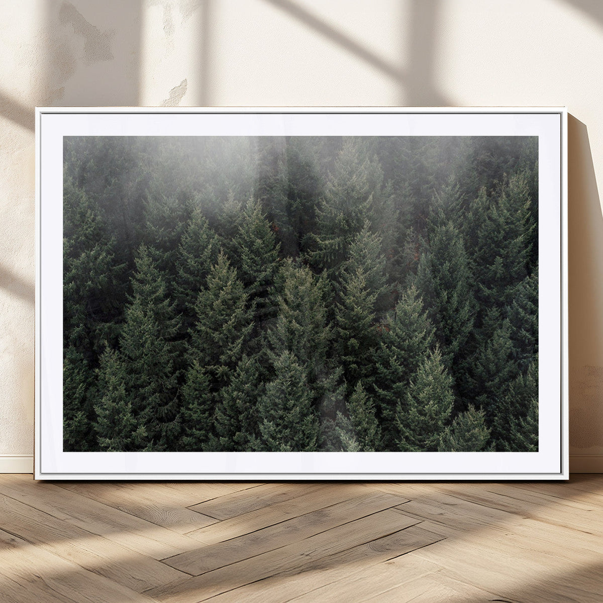 Misty Pine Forest Wall Art Canvas Print, Lush Green Trees Surrounded by Gentle Fog