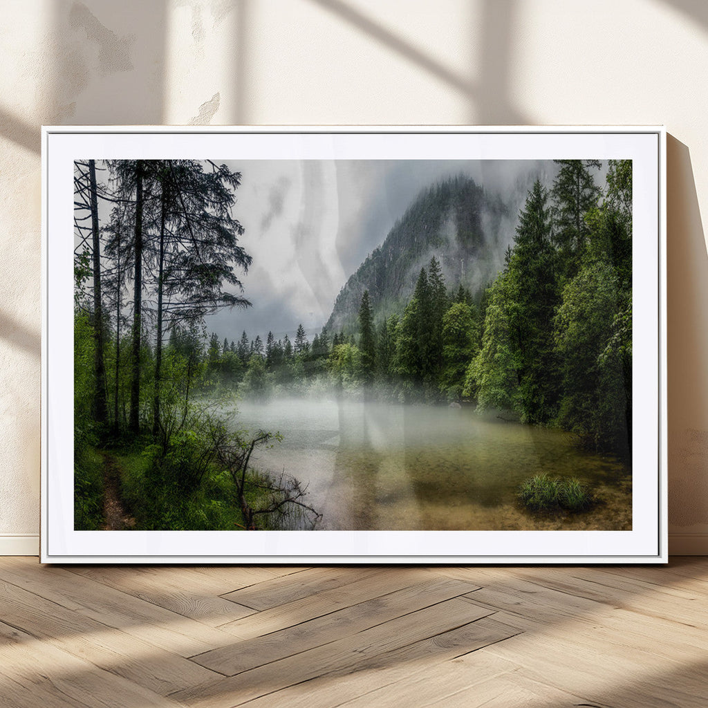 Misty Lake Forest Wall Art, Green Trees and Calm Water Reflection, Mountain Fog Landscape Canvas