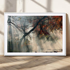 Sunlit Autumn Forest Wall Art, Misty Trees with Sun Rays, Peaceful Fall Landscape Canvas Print