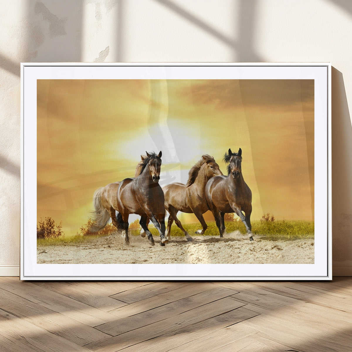 Wild Horses Wall Art Canvas Print, Framed Galloping Herd