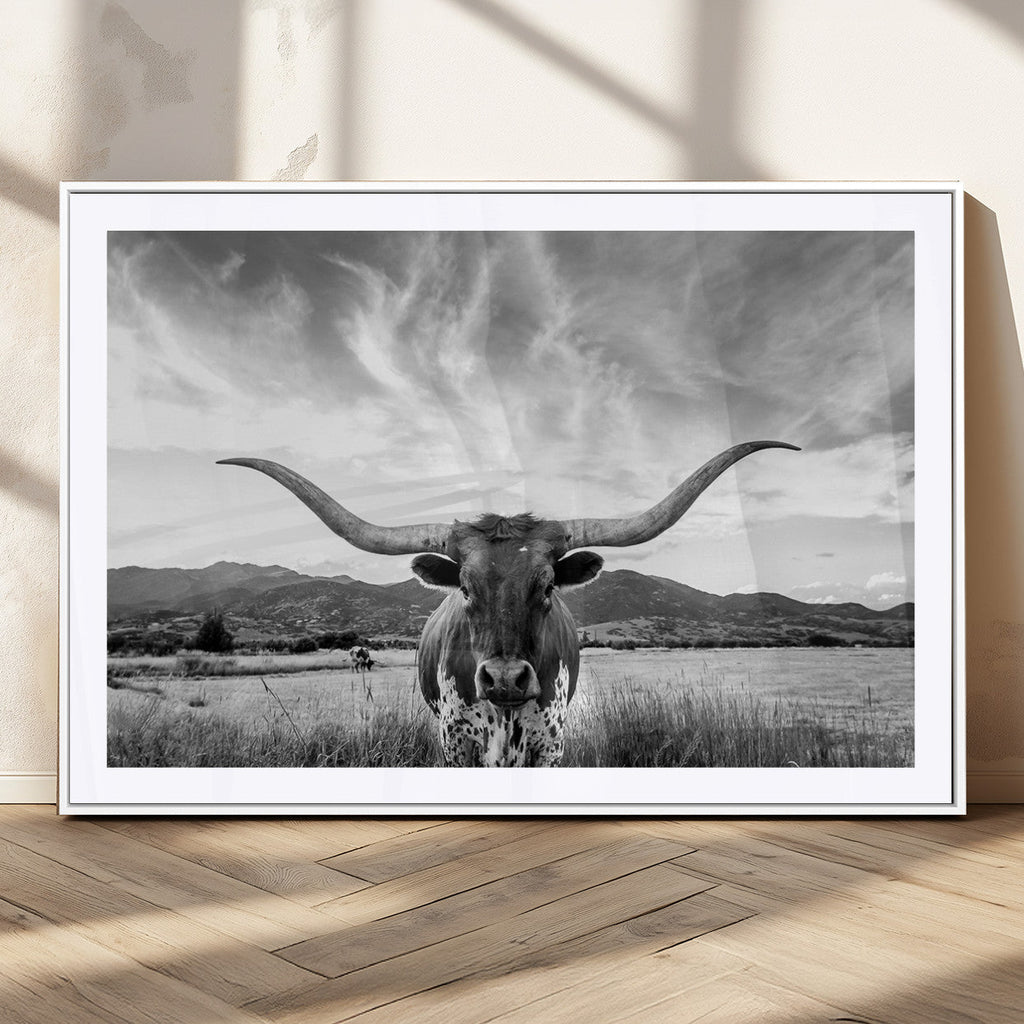 Longhorn Black and White Wall Art | Rustic Western Bull Canvas Print
