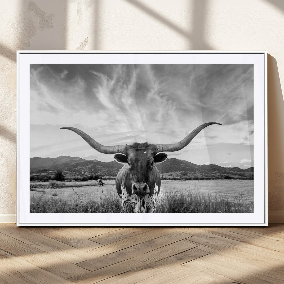 Longhorn Black and White Wall Art | Rustic Western Bull Canvas Print