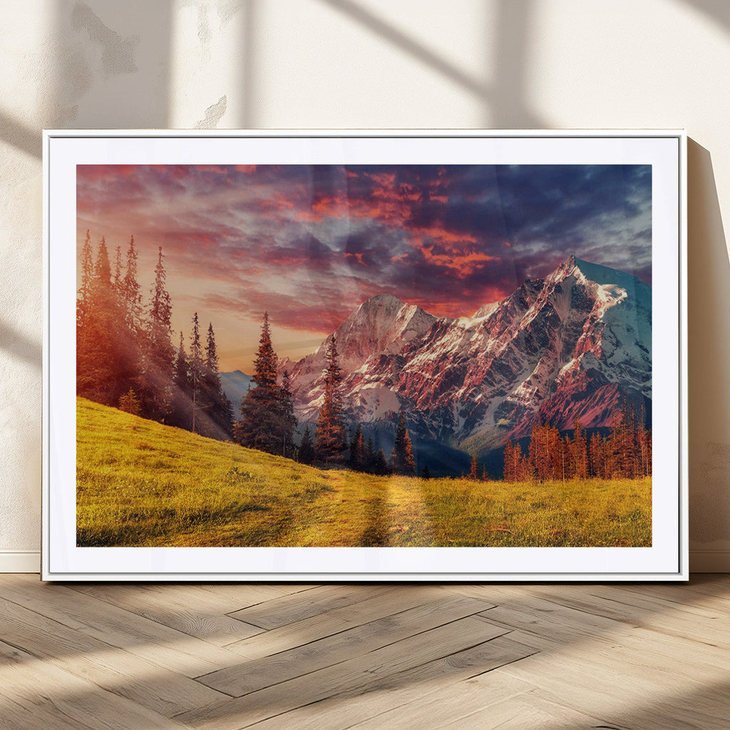 Mountain and Daylight Red Sunset Wall Art Canvas Print