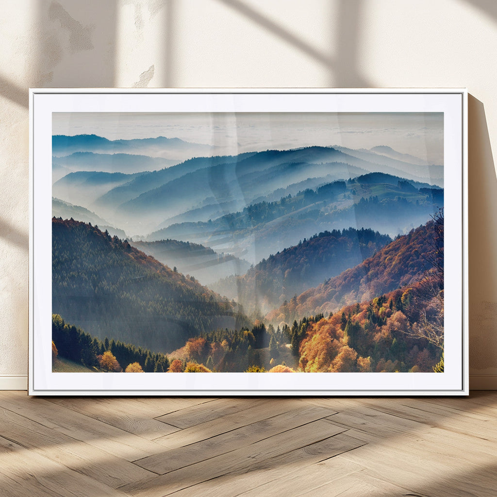 Misty Mountain Sunrise Triptych Canvas Print | Autumn Landscape Wall Art