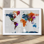 Bold Colorful World Map Canvas Print | Detailed Map of the World Wall Art