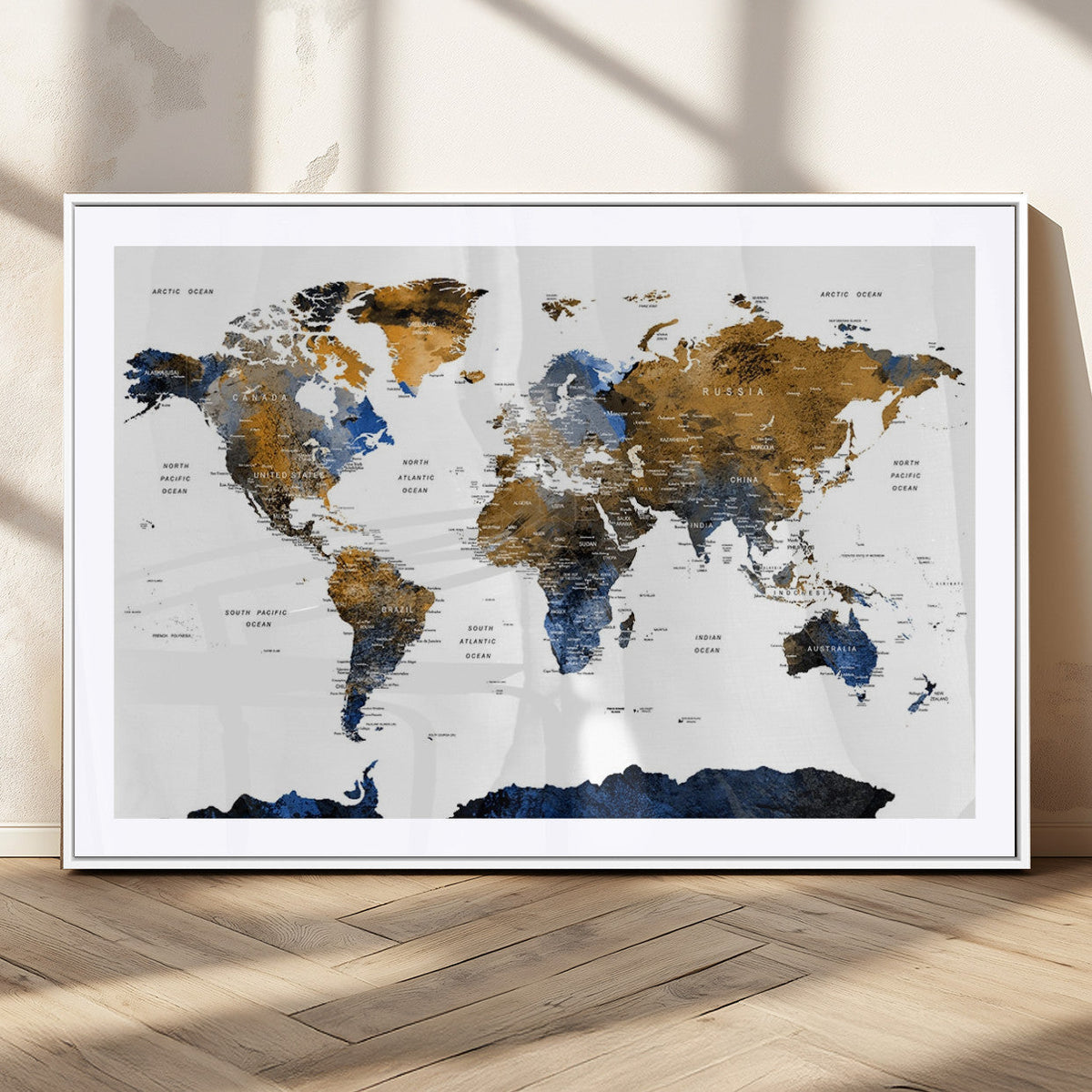 Modern Abstract World Map Canvas Wall Art | Framed Blue and Gold Map Print