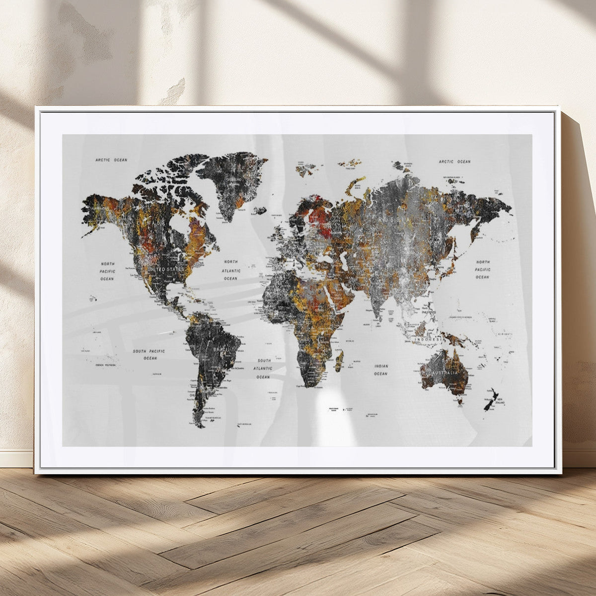 Modern Metallic World Map Canvas Wall Art | Framed Contemporary World Map Print