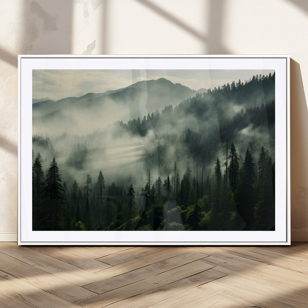 Captivating Misty Forest Wall Art Premium Canvas Print, A Foggy and Serene Atmosphere