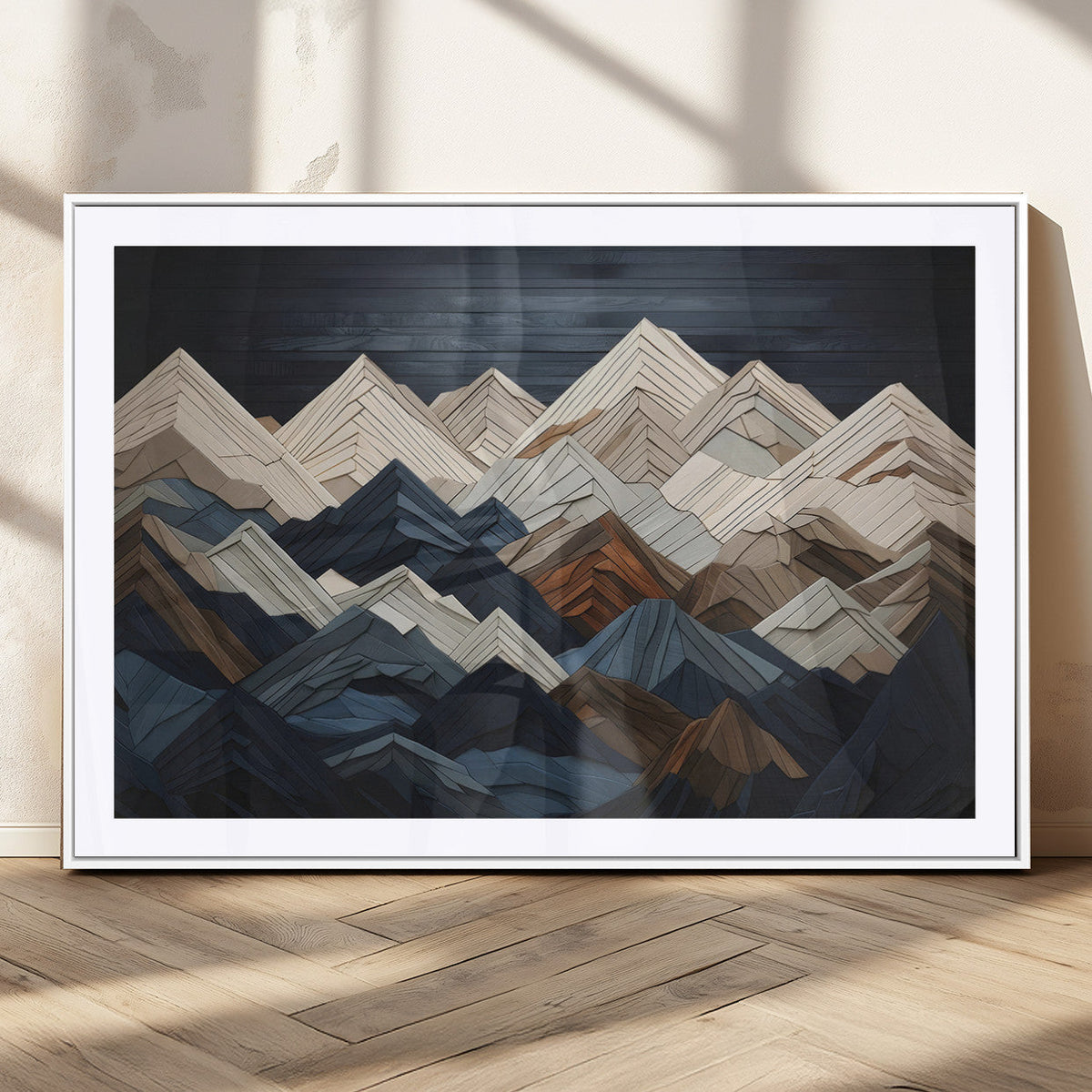 Rustic Mountain Landscape Wall Art Canvas Print, Framed 3D Wooden Effect Mountain Art