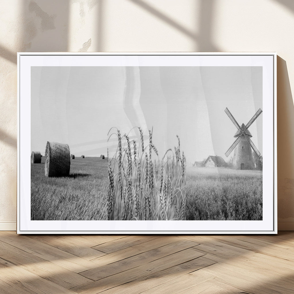 Vintage Farmhouse Black and White Triptych Wall Art, Giclee Canvas with Wheat Fields, Hay Bales and Windmill