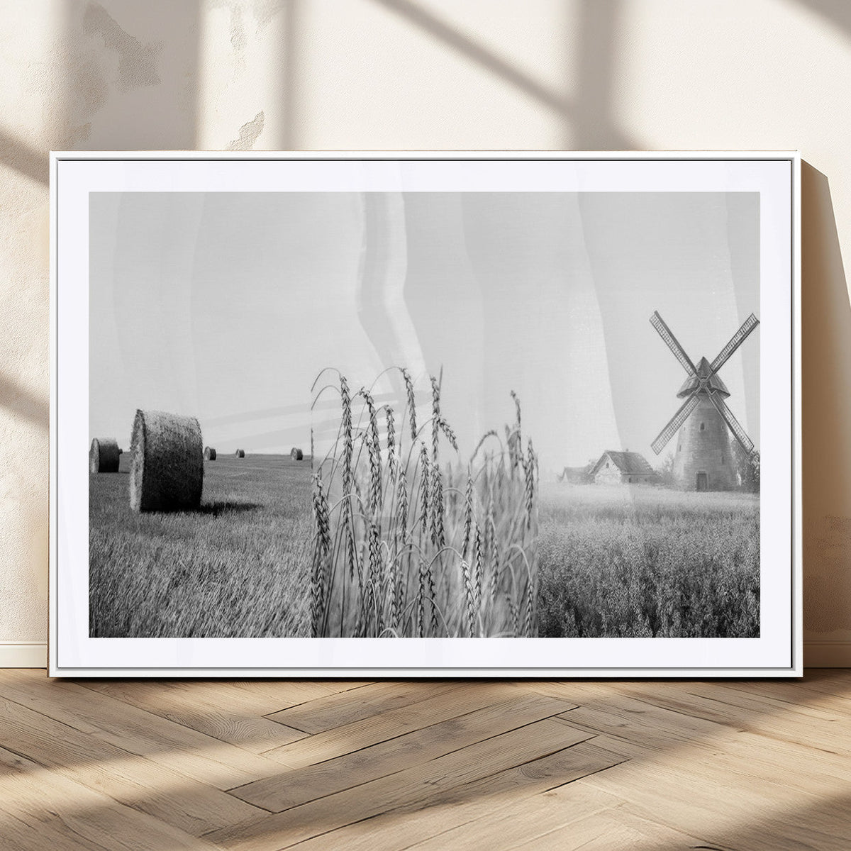 Vintage Farmhouse Black and White Triptych Wall Art, Giclee Canvas with Wheat Fields, Hay Bales and Windmill