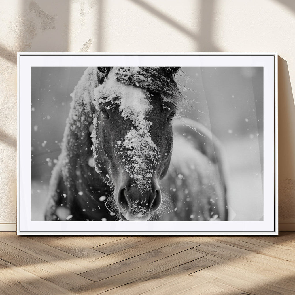 Black and White Horse Winter Wall Art, Ready to Hang