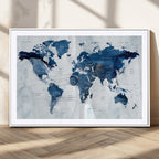 Modern Blue World Map Canvas Print | Elegant Travel Map Wall Art for Home Office