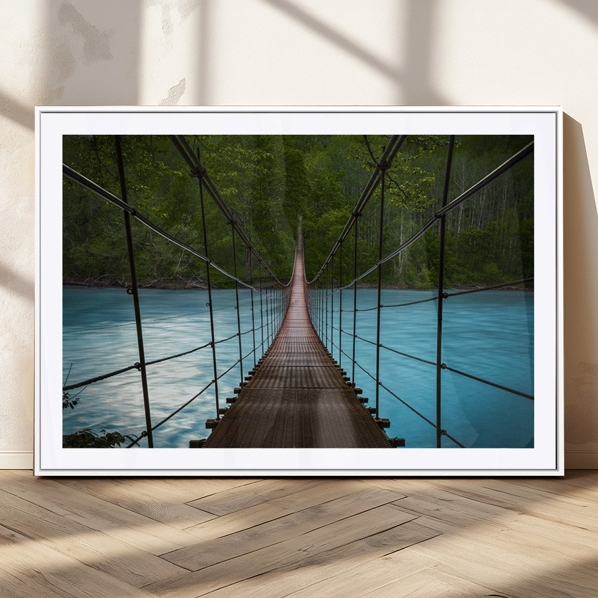 Suspension Bridge Over River Canvas Art | 3-Panel Nature Wall Art