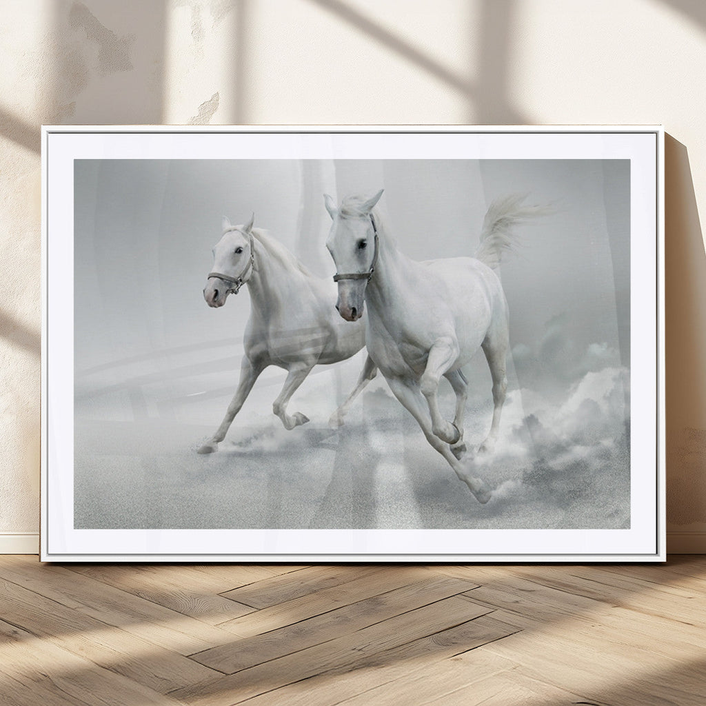 Large Wall Art Canvas Print, Beautiful Running White Horses
