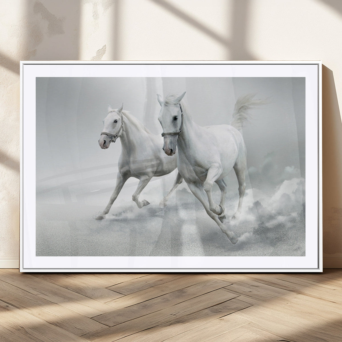 Large Wall Art Canvas Print, Beautiful Running White Horses