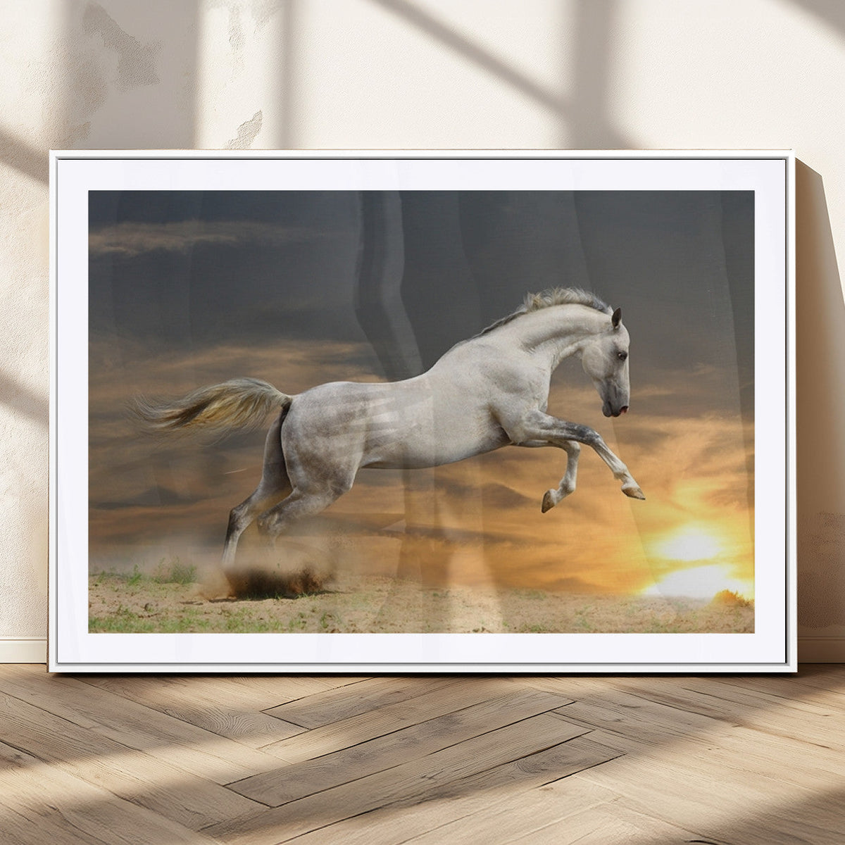 Large Wall Art Canvas Print, White Jumping Horse at Sunset