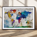 Navy Blue and Orange Watercolor World Map Canvas Print | Framed Travel Map
