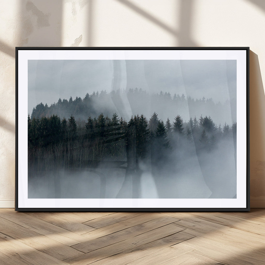 Autumn and Misty Trees in the Forest Wall Art Canvas Print, Foggy Forest Mountain Wall Art