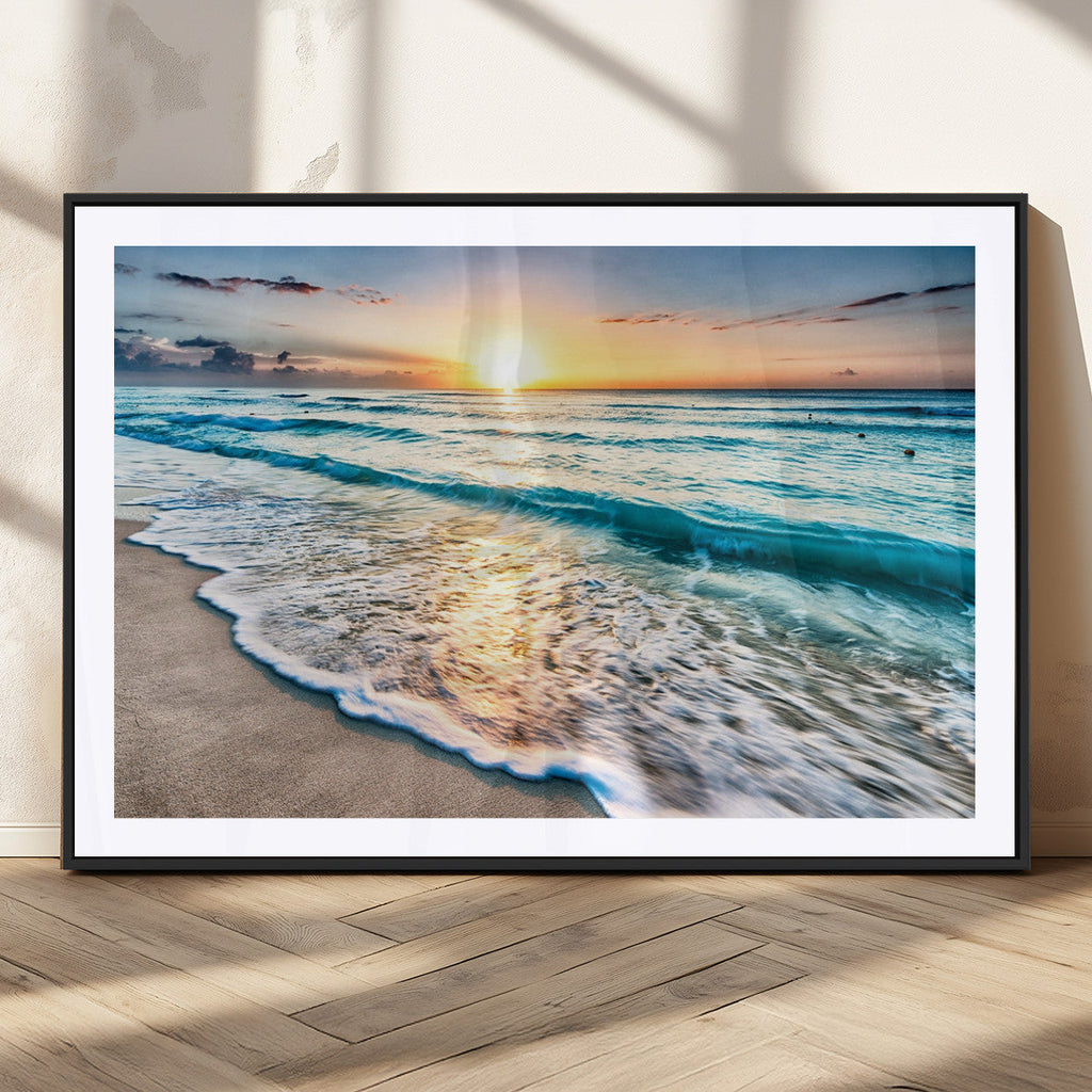 Sunset Beach Waves Canvas Wall Art | Ocean Sunset Coastal Print