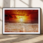 Red Sunset Ocean Beach Canvas Wall Art, Coastal Sunset Print